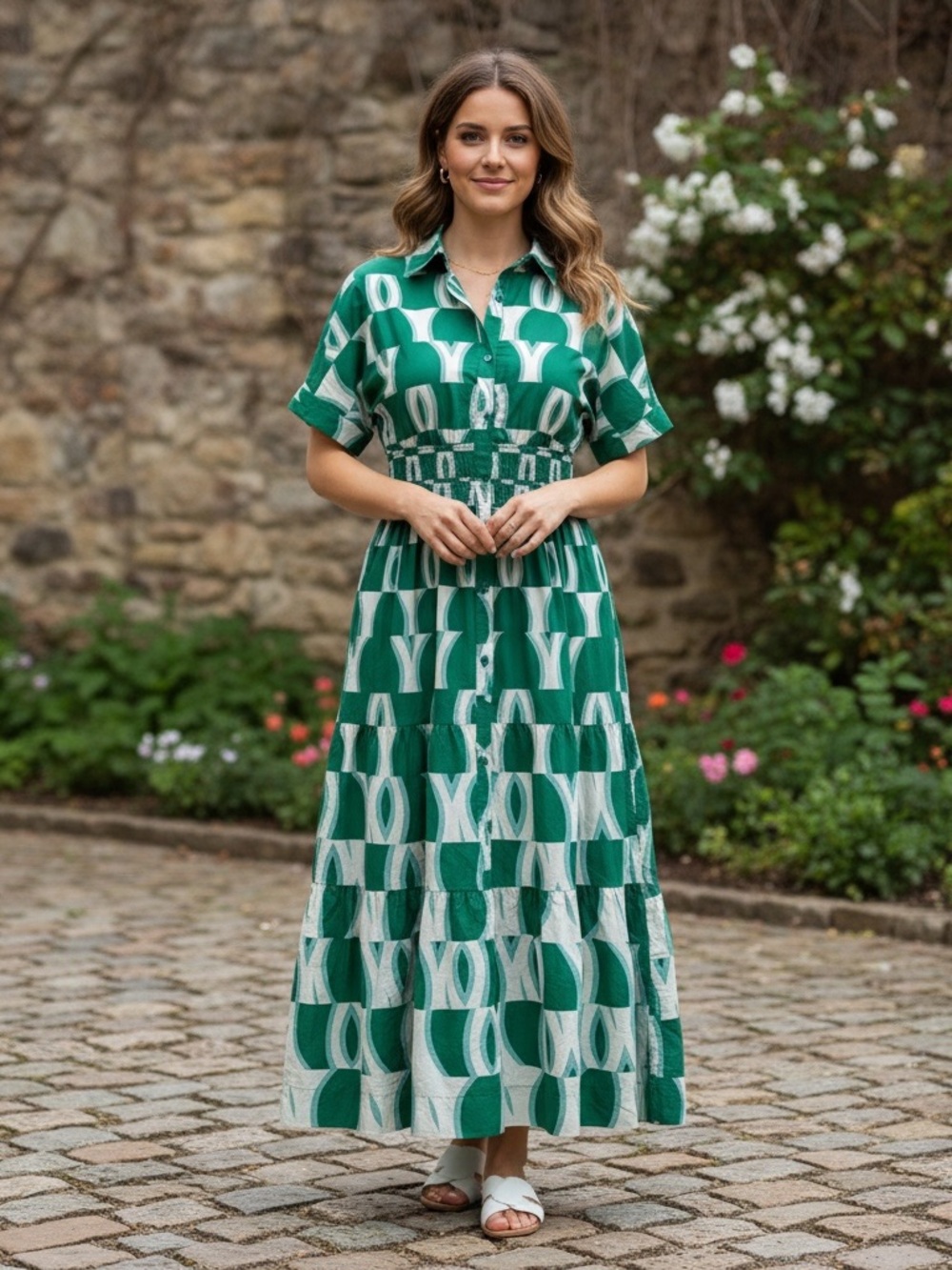 Anthropologie Somerset Maxi Shirt Dress Green Geometric Pattern Size XS.